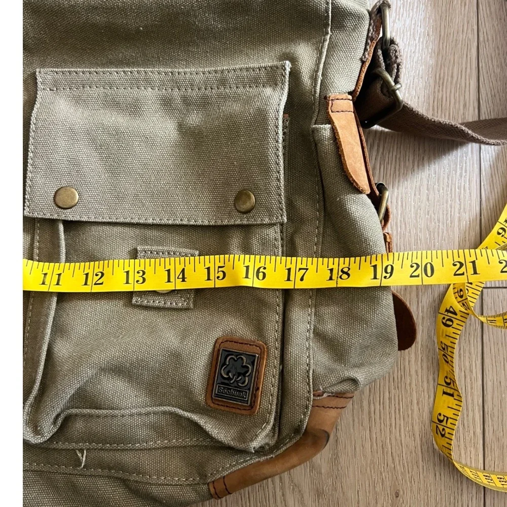 Sechunk Vintage Military Leather Canvas Laptop Bag Messenger BagKhaki Green